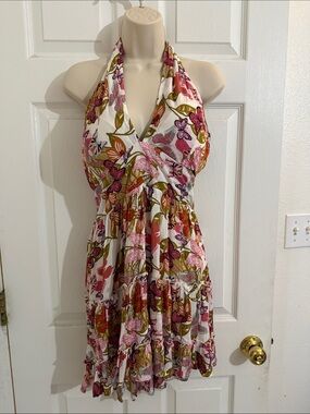 Butterfly 🦋 Blush White Halter Floral Mini Dress with Pink & Olive Accents